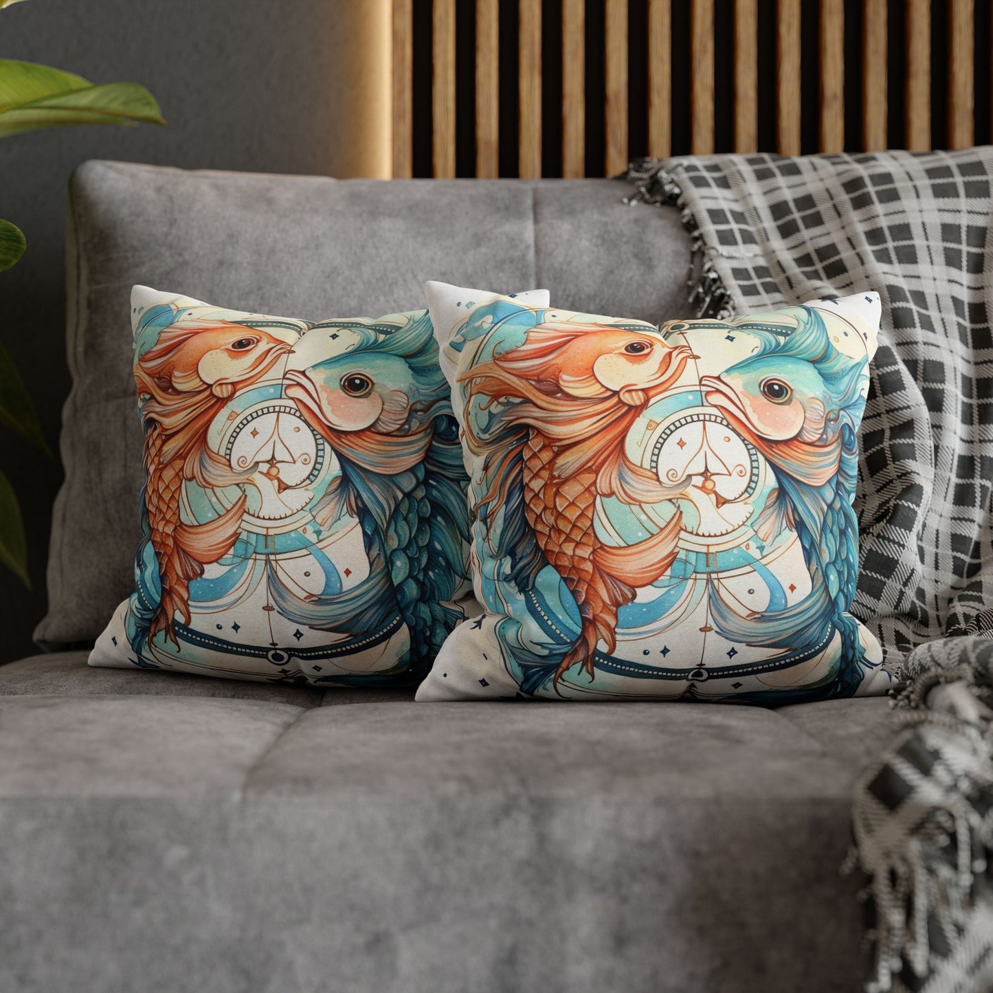 Pisces Zodiac Horoscope - Starry Watercolor & Ink, Hyper-Detailed Fish Spun Polyester Square Pillow Case