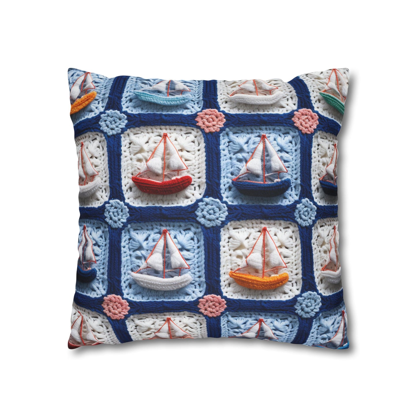 Crochet Boat Ship Sea Vessel Ocean Beach Travel Yacht Design - Spun Polyester Square Pillow Case