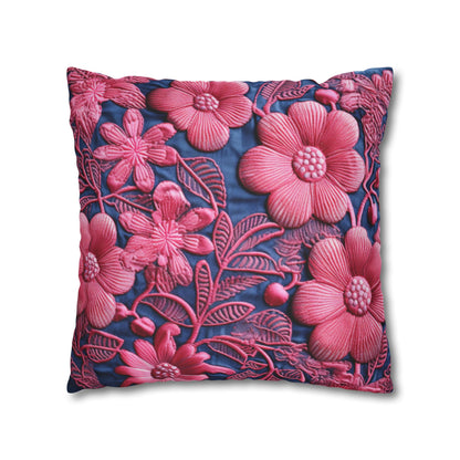 Denim Blue Doll Pink Floral Embroidery Style Fabric Flowers - Spun Polyester Square Pillow Case