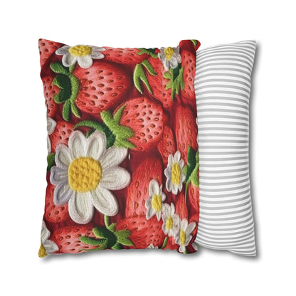 Strawberry Strawberries Embroidery Design - Fresh Pick Red Berry Sweet Fruit - Spun Polyester Square Pillow Case