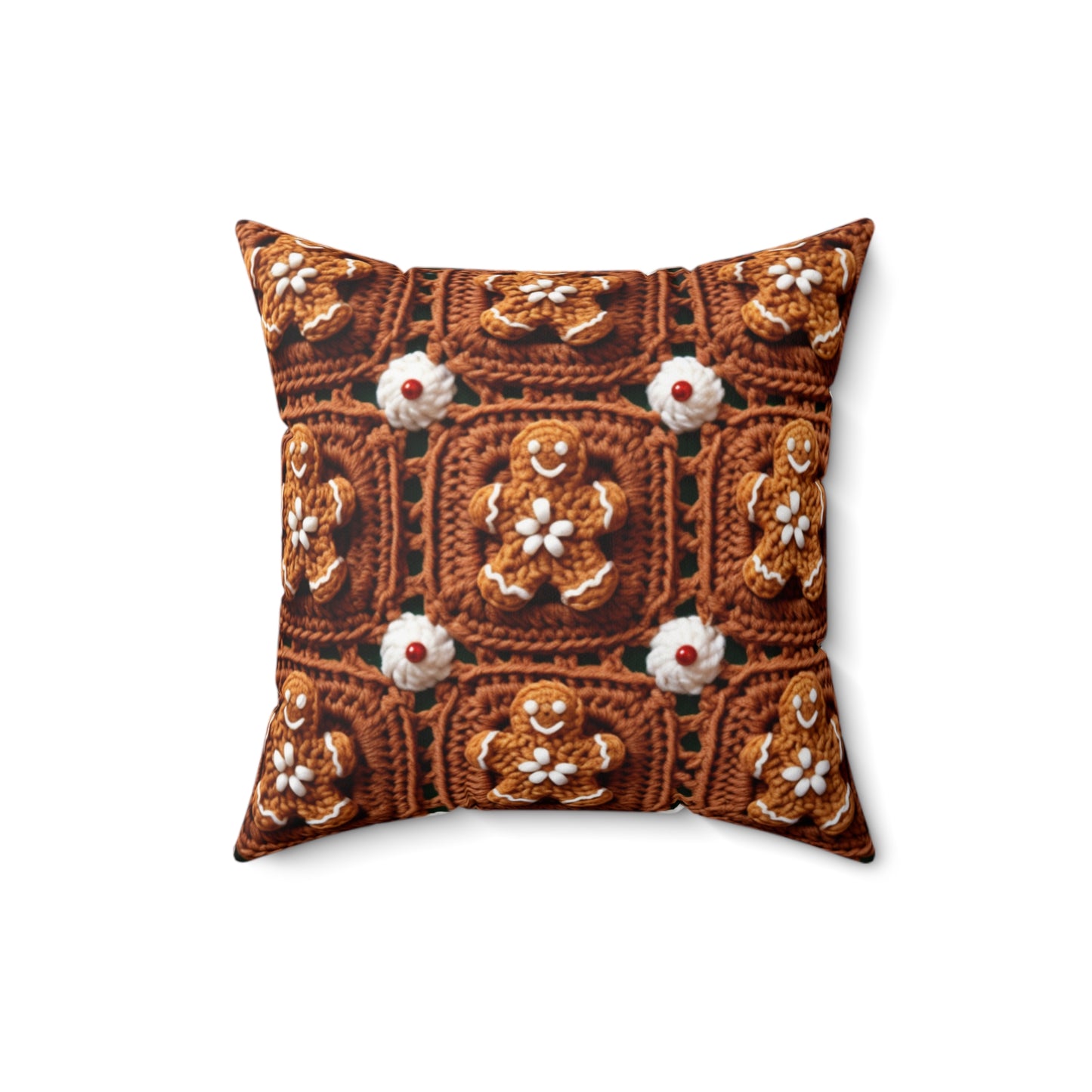 Gingerbread Man Crochet, Classic Christmas Cookie Design, Festive Yuletide Craft. Holiday Decor - Spun Polyester Square Pillow