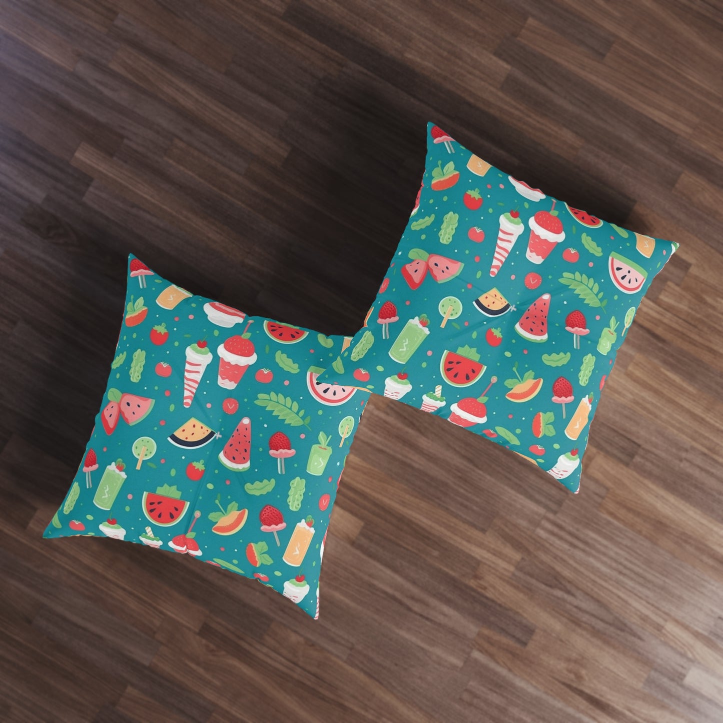 Quirky Summer Food Watermelon Ice Cream Cocktail Pattern Tufted Floor Pillow, Square