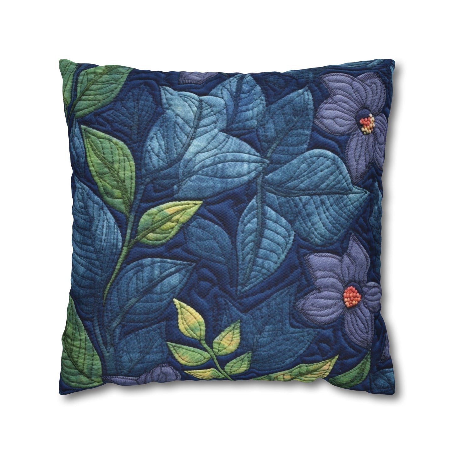 Floral Embroidery Blue: Denim-Inspired, Artisan-Crafted Flower Design - Spun Polyester Square Pillow Case