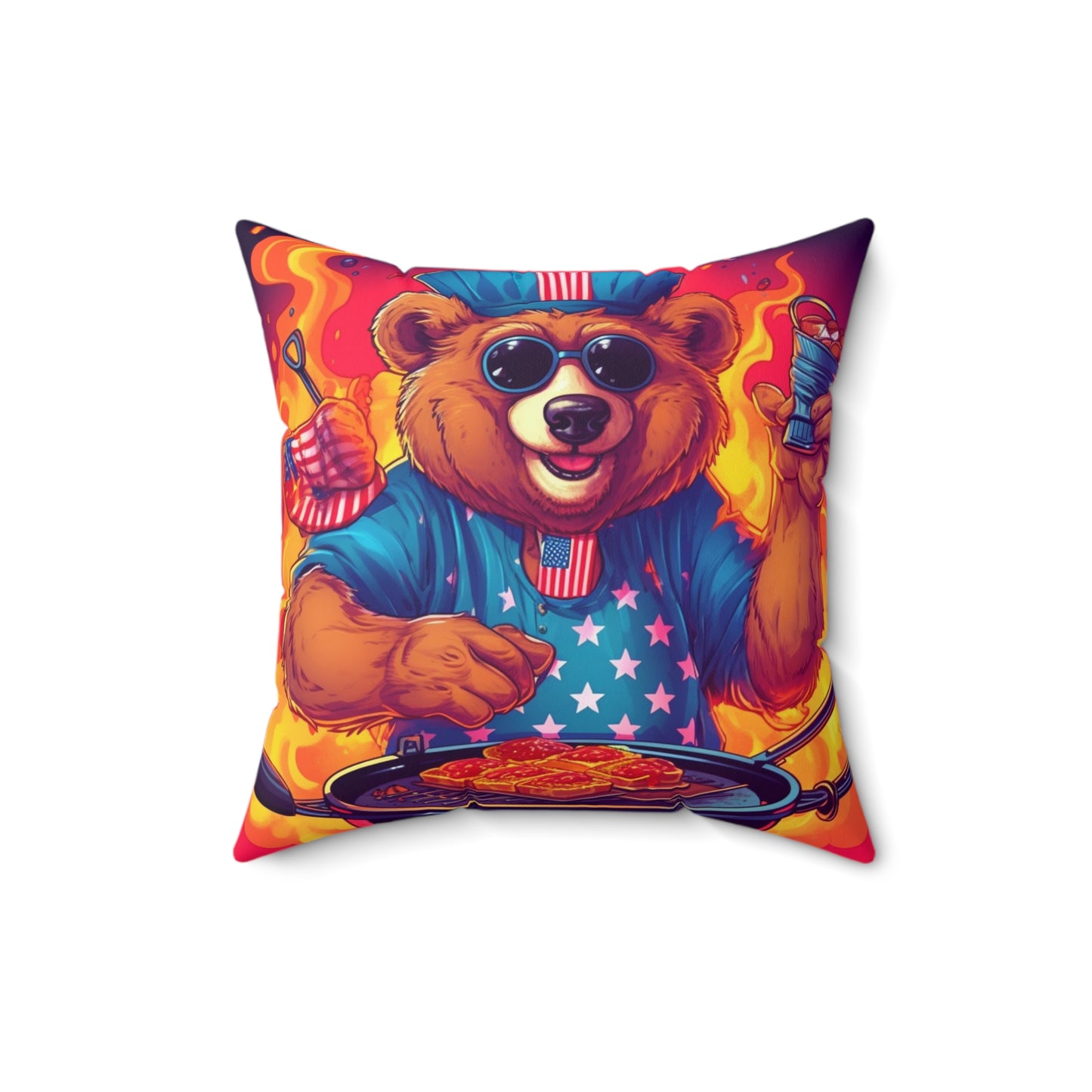 Patriotic Bear's BBQ Bash: Grill and Chill this 4th of July USA Spun Polyester Square Pillow