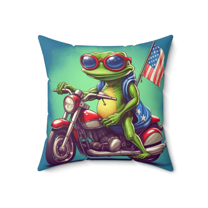 Frog Cartoon Anime USA Patriotic Motorcycle Rider Graphic Spun Polyester Square Pillow