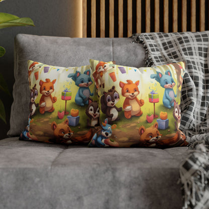 Nursery Art - Cartoon Forest Animals Party Design Spun Polyester Square Pillow Case