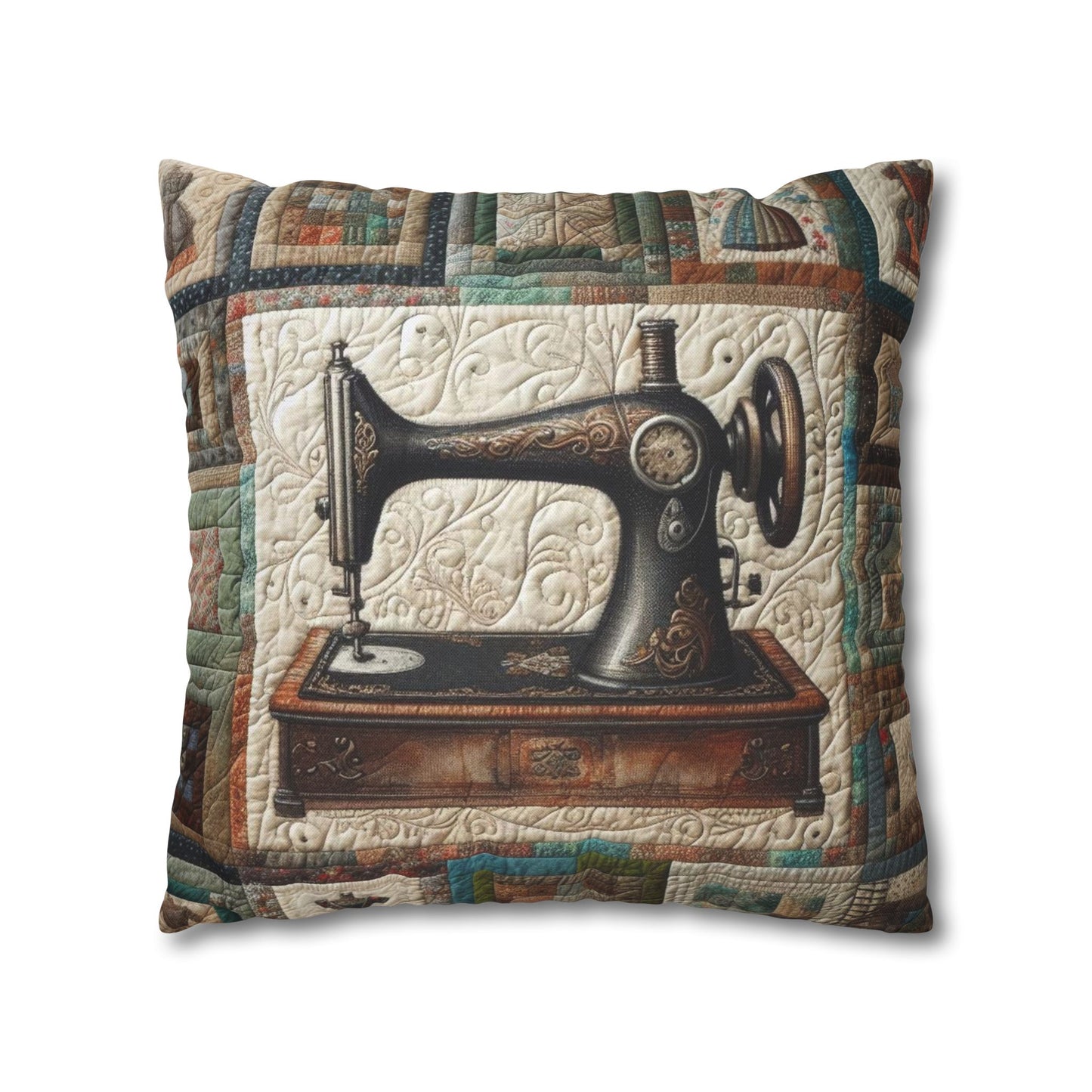 Quilted Sewing Machine, Tailor Craft Patchwork, Heirloom Textile Art - Spun Polyester Square Pillow Case