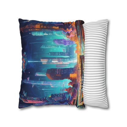 Futuristic Neon Cyberpunk Cityscape Art Design Spun Polyester Square Pillow Case