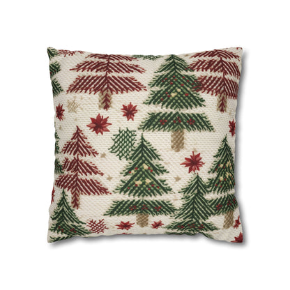 Embroidered Christmas Winter, Festive Holiday Stitching, Classic Seasonal Design - Spun Polyester Square Pillow Case