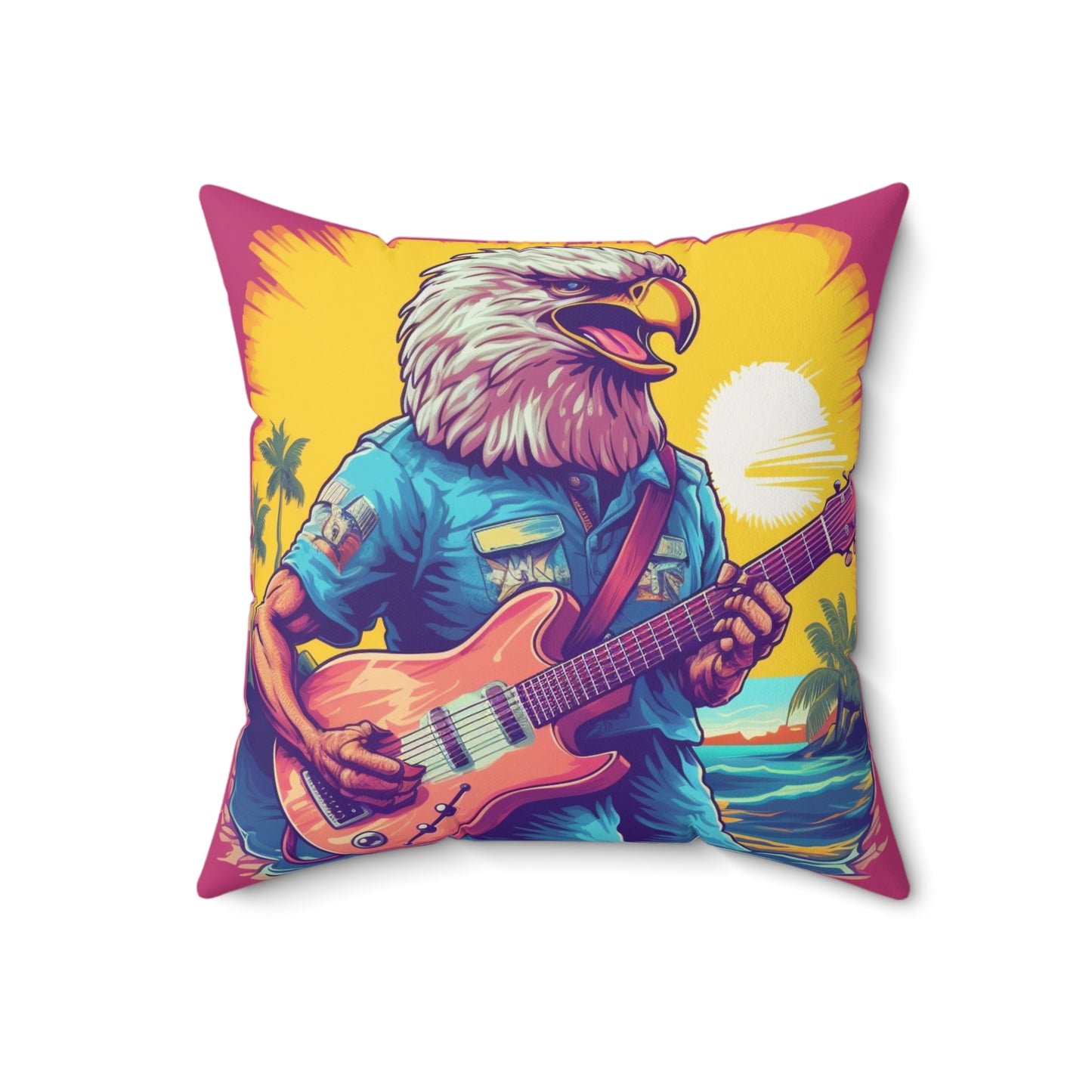 American Rock Star: Bald Eagle with Guitar Graphic Spun Polyester Square Pillow