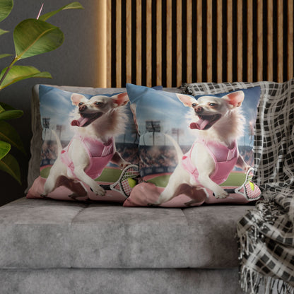 Chihuahua Tennis Ace: Dog Pink Outfit, Court Atheletic Sport Game - Spun Polyester Square Pillow Case