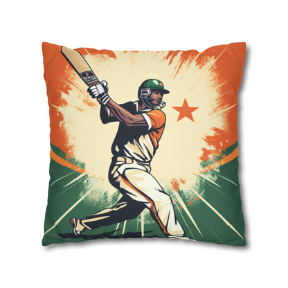 India Cricket Star: Batsman With Willow Bat, National Flag Style - Sport Game - Spun Polyester Square Pillow Case