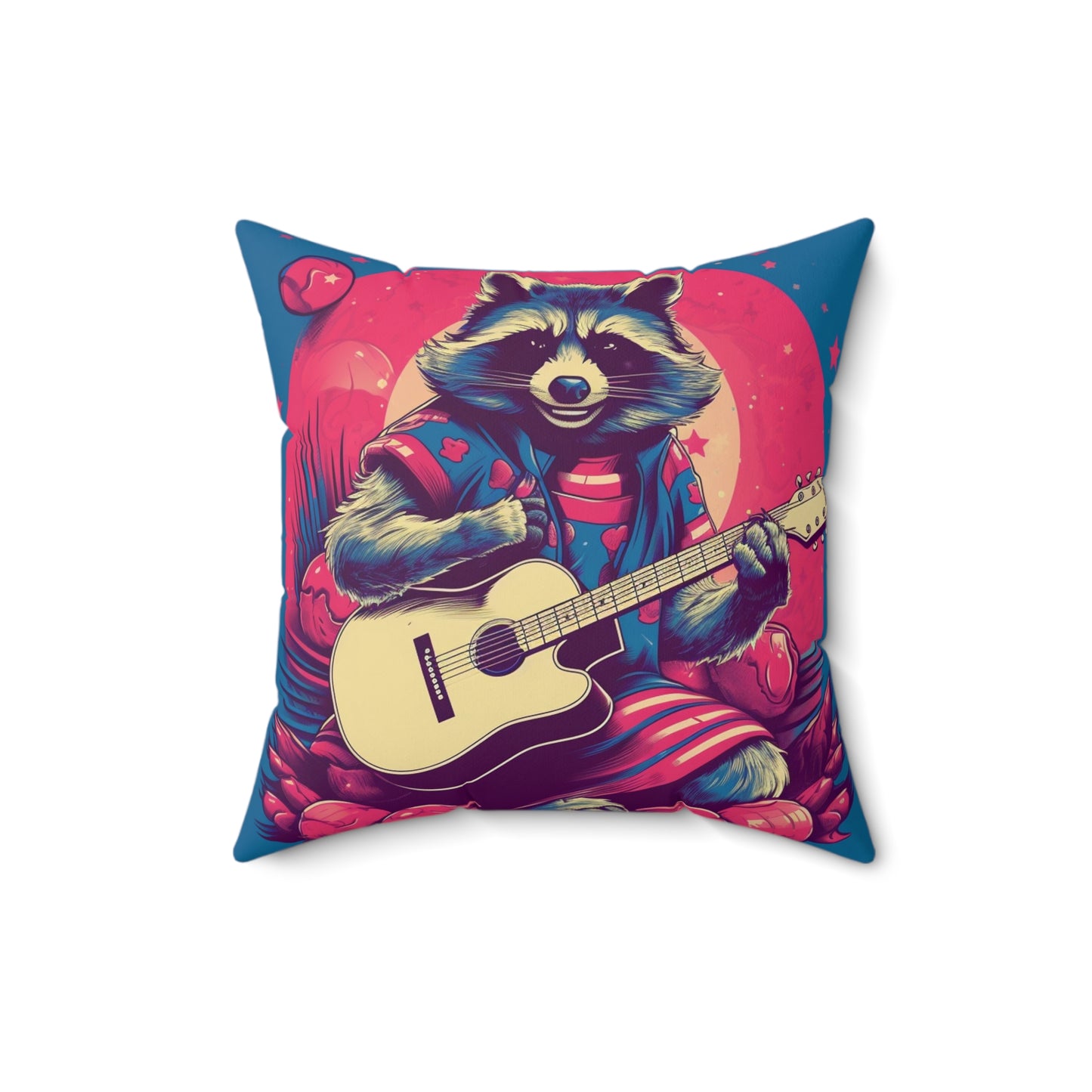 Acoustic Guitar Raccoon Art - Furry Animal Rock Classic Spun Polyester Square Pillow