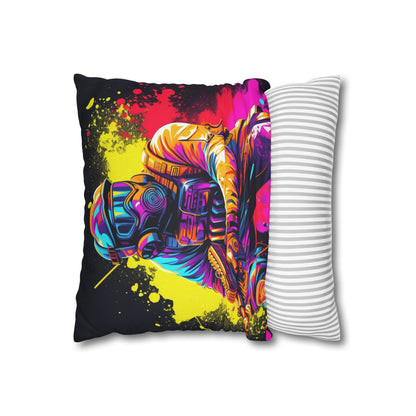 Paintball Action Sport: Player in Battle, Paint Splatter - Spun Polyester Square Pillow Case