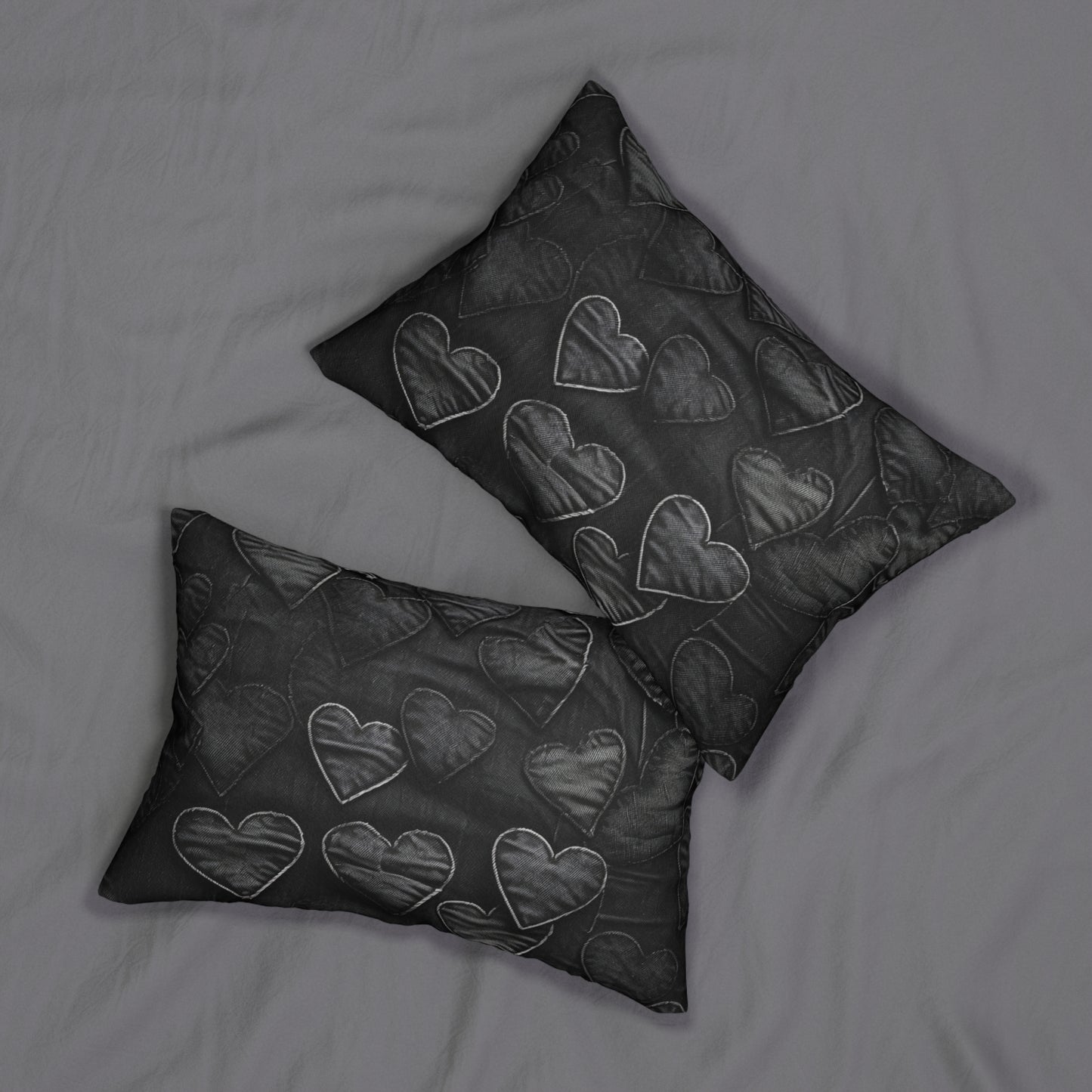 Black: Distressed Denim-Inspired Fabric Heart Embroidery Design - Spun Polyester Lumbar Pillow