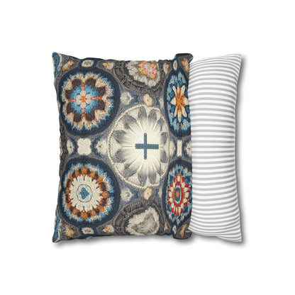 Bohemian Crochet Mandala with Centered Christian Cross - Earthy Tones Mosaic - Spun Polyester Square Pillow Case