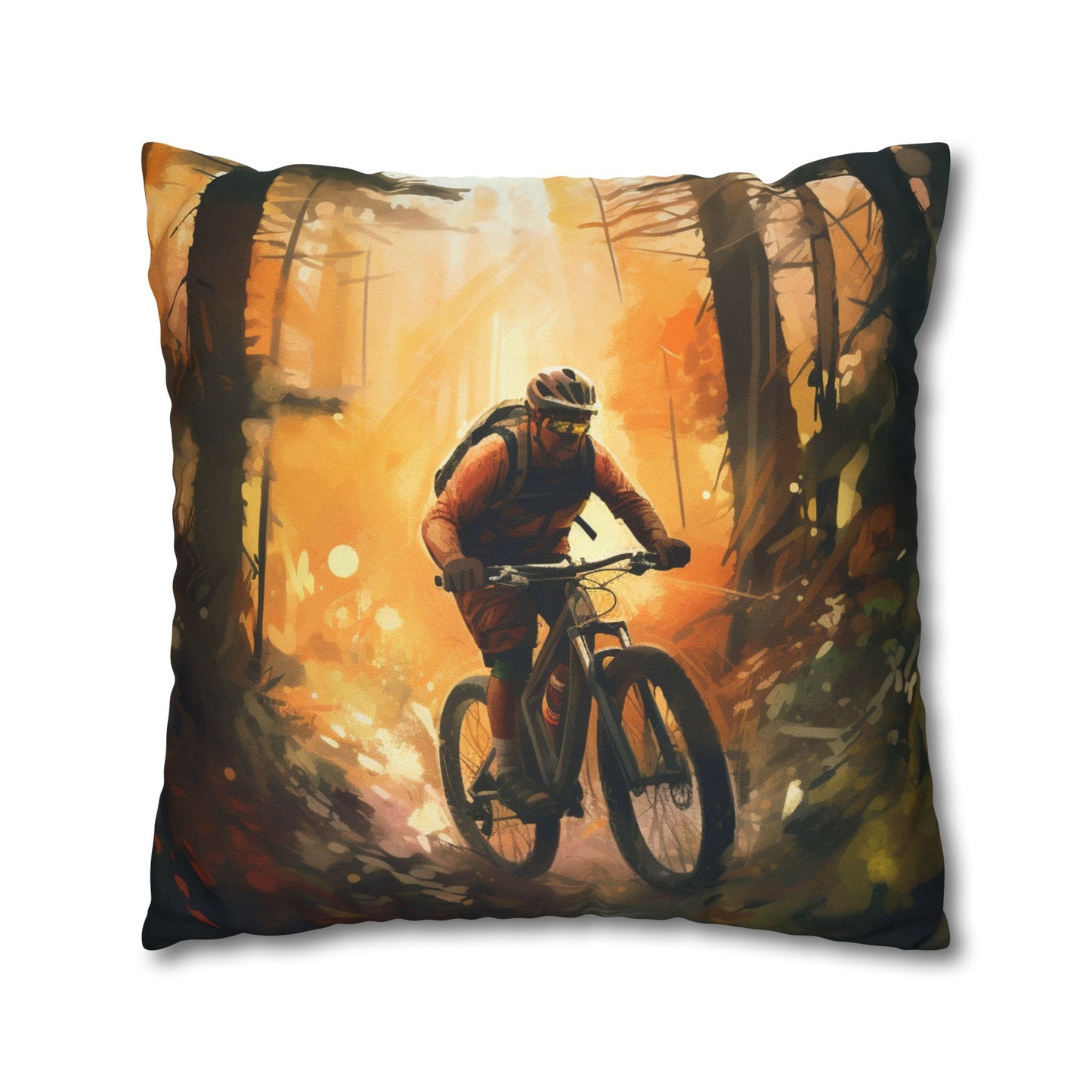 Mountain Bike Adventure - Forest Trail Graphic Spun Polyester Square Pillow Case