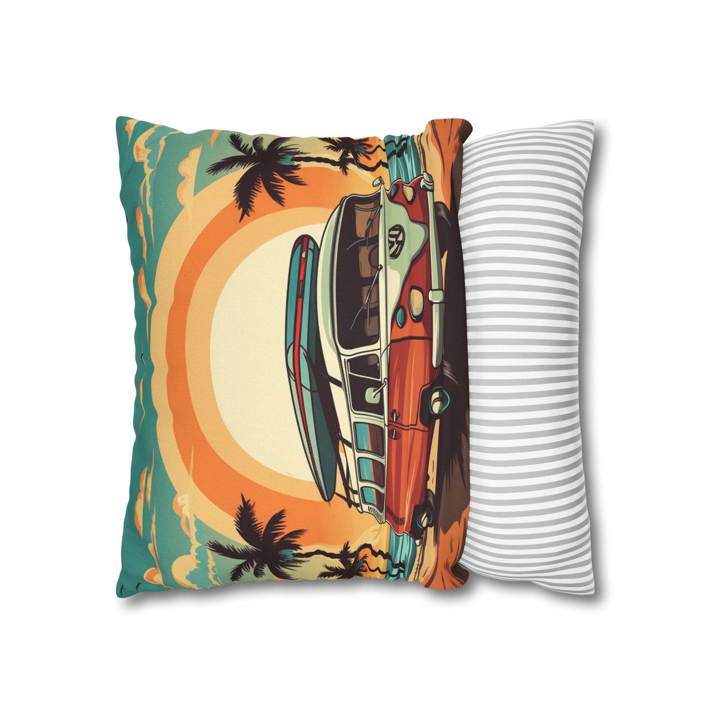 Retro Beach Camper Van - Sunset Surfboard Scene Spun Polyester Square Pillow Case