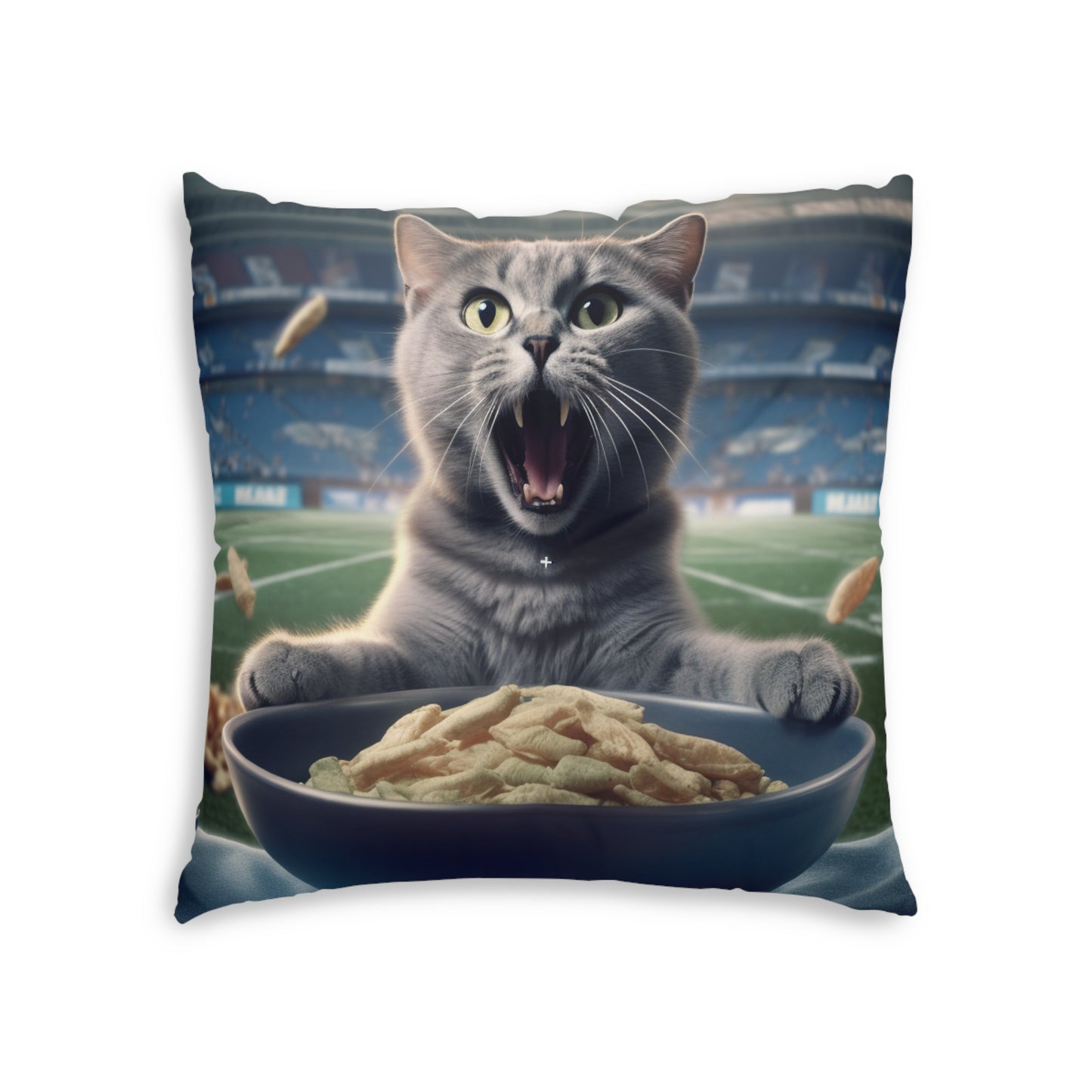 Halftime Football Feline: Screaming Sports Fan Cat Stadium Food Kitten - Tufted Floor Pillow, Square