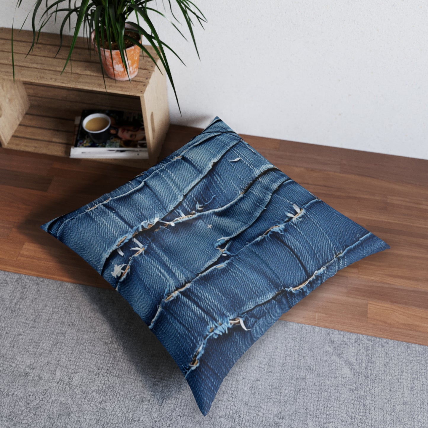 Midnight Blue Distressed Denim: Rugged, Torn & Stylish Design - Tufted Floor Pillow, Square