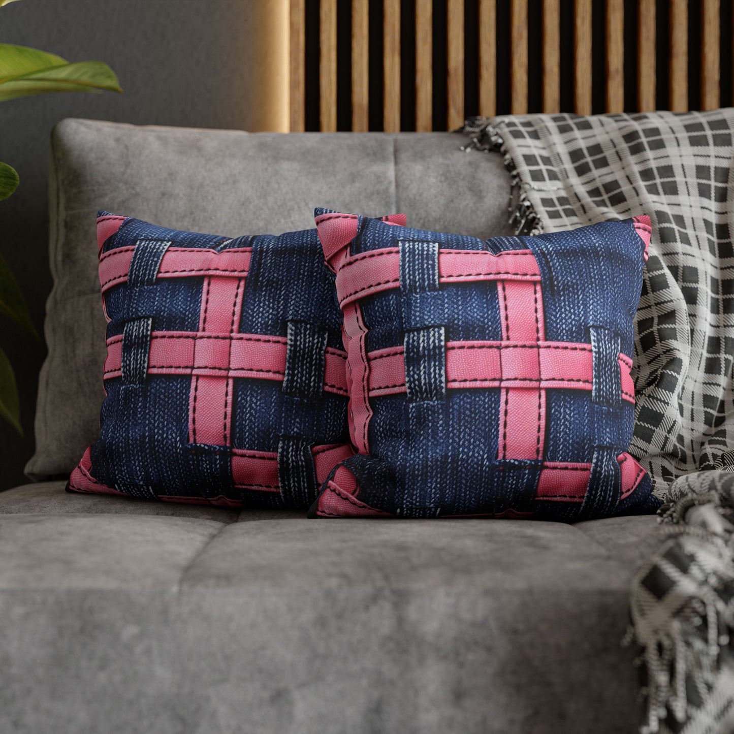 Candy-Striped Crossover: Pink Denim Ribbons Dancing on Blue Stage - Spun Polyester Square Pillow Case