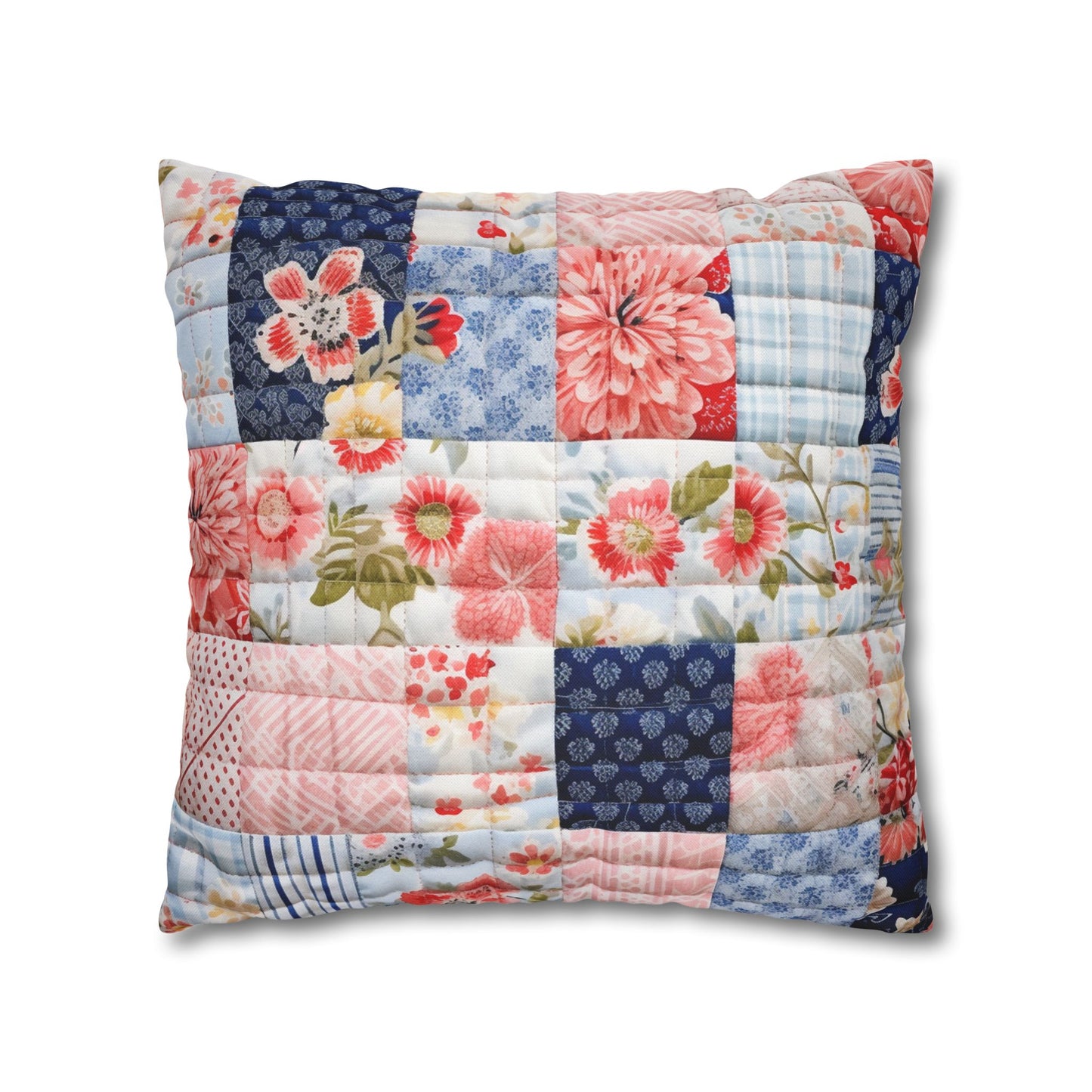 Floral Harmony Quilt, Blossom Patchwork, Blue and Pink Quilted Patterns, Garden Quilt, Soft Pastel Quilting Squares Design - Spun Polyester Square Pillow Case