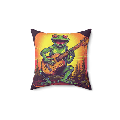 Classic Frog ontop a log Style Guitar Playing Musician Spun Polyester Square Pillow