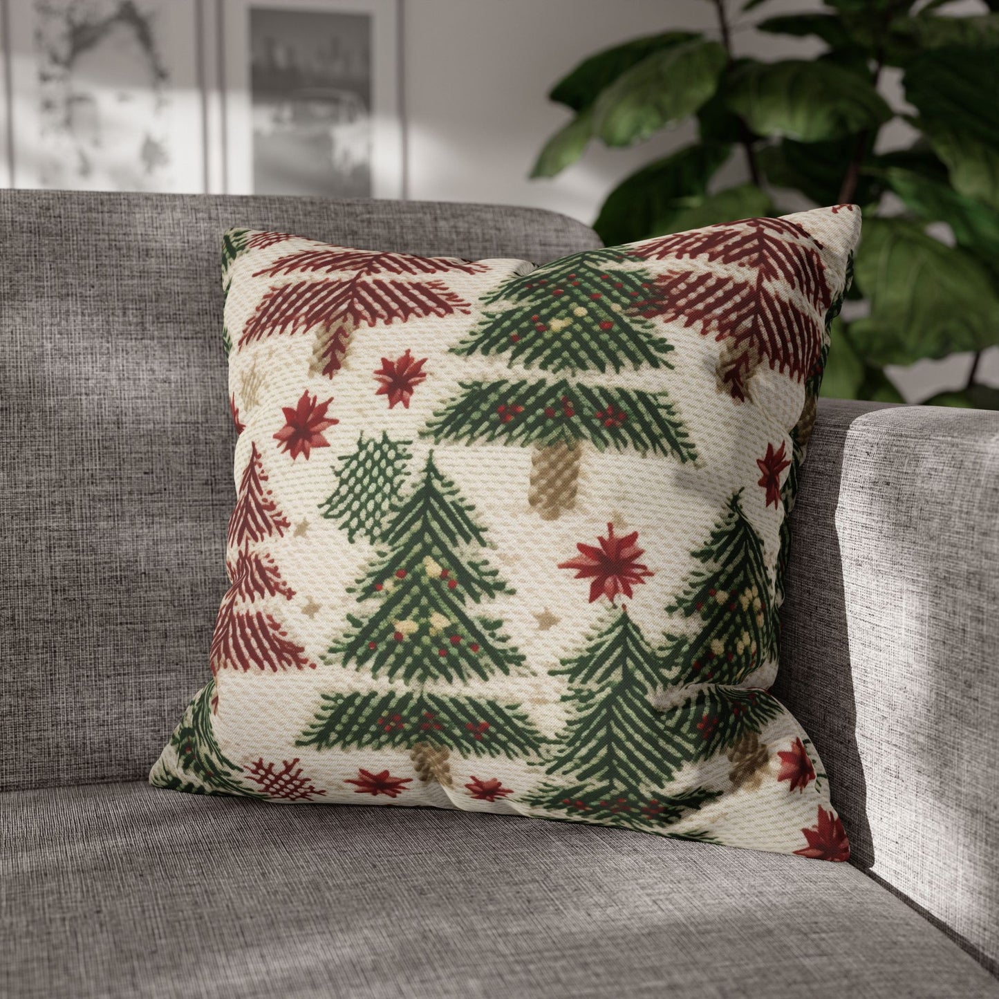 Embroidered Christmas Winter, Festive Holiday Stitching, Classic Seasonal Design - Spun Polyester Square Pillow Case