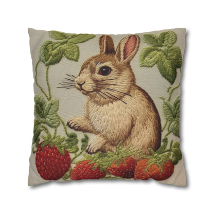 Strawberry Bunny Rabit - Embroidery Style - Strawberries Fruit Munchies - Easter Gift - Spun Polyester Square Pillow Case