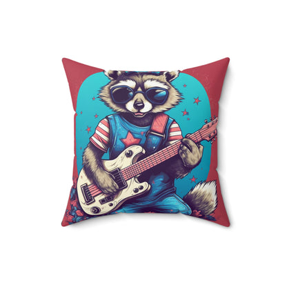 Patriotic Rock 'n' Roll Raccoon: Furry Guitar Player Spun Polyester Square Pillow