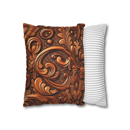 Leather Flower Cognac Classic Brown Timeless American Cowboy Design - Spun Polyester Square Pillow Case