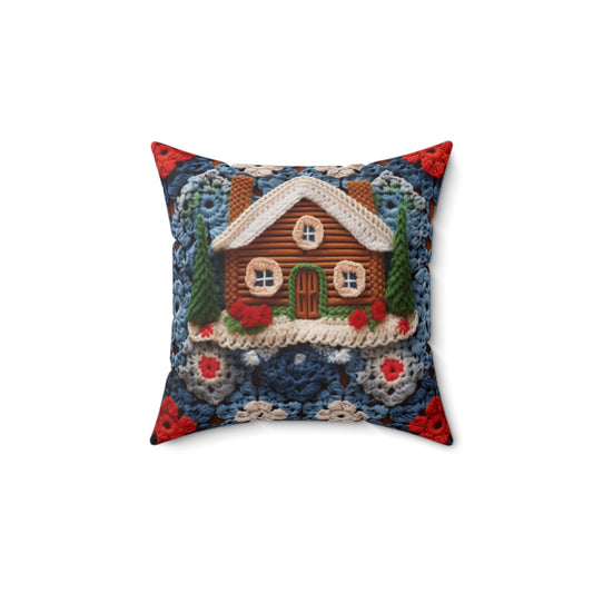 Cottagecore Log Cabin Crochet, Christmas Winter House Design, Rustic Holiday - Spun Polyester Square Pillow