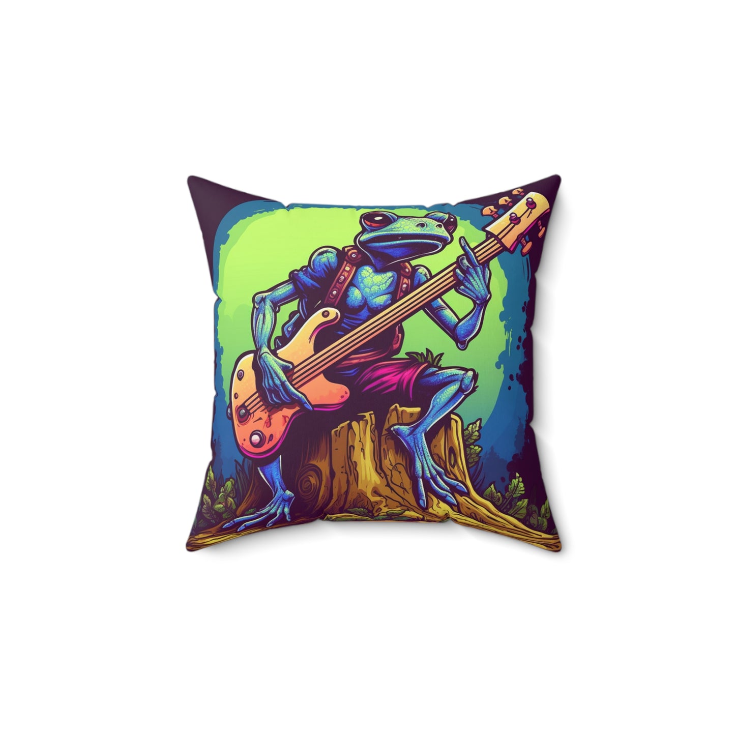 Frog Log Retro Graphic Trippy Musician Instrument Guitar Player Spun Polyester Square Pillow