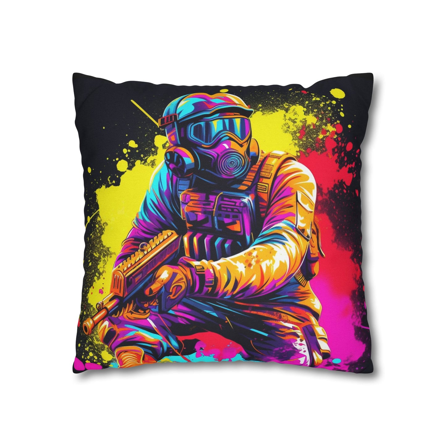 Paintball Action Sport: Player in Battle, Paint Splatter - Spun Polyester Square Pillow Case