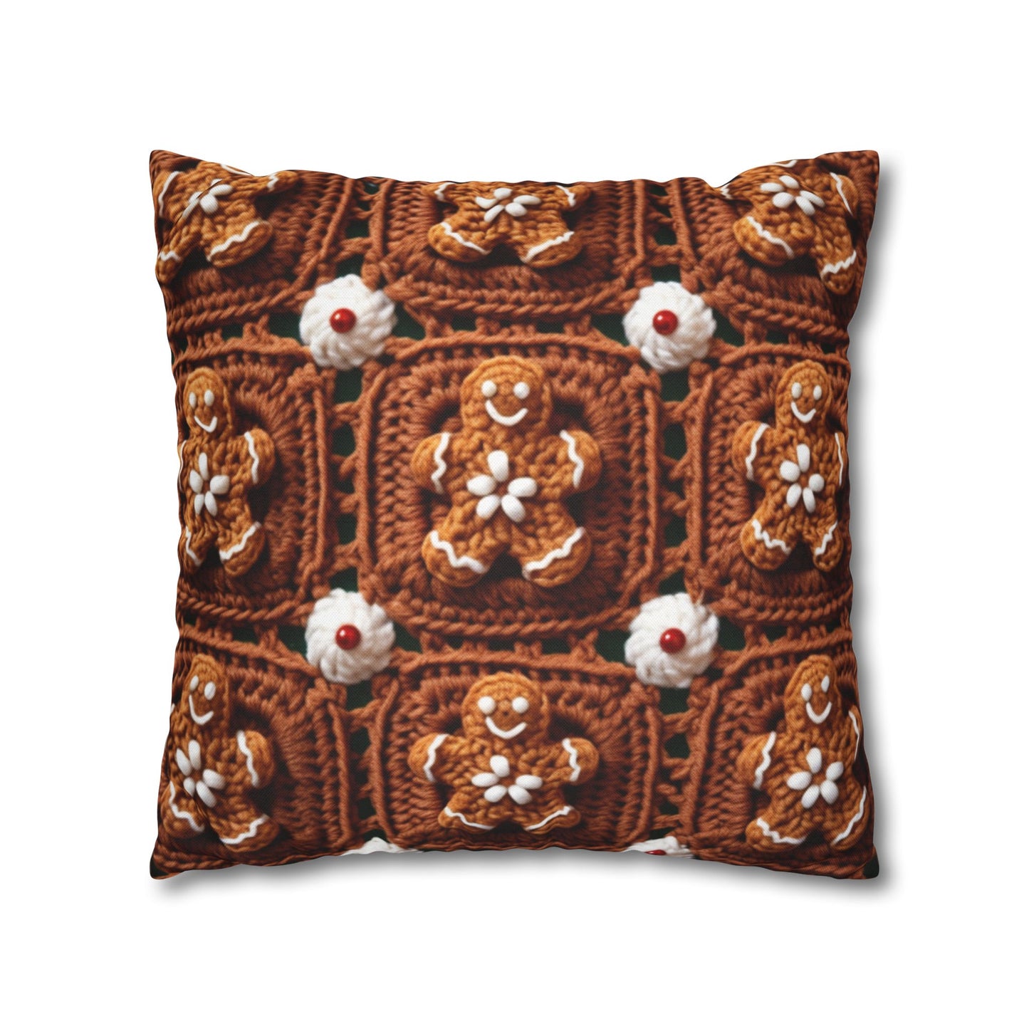 Gingerbread Man Crochet, Classic Christmas Cookie Design, Festive Yuletide Craft. Holiday Decor - Spun Polyester Square Pillow Case