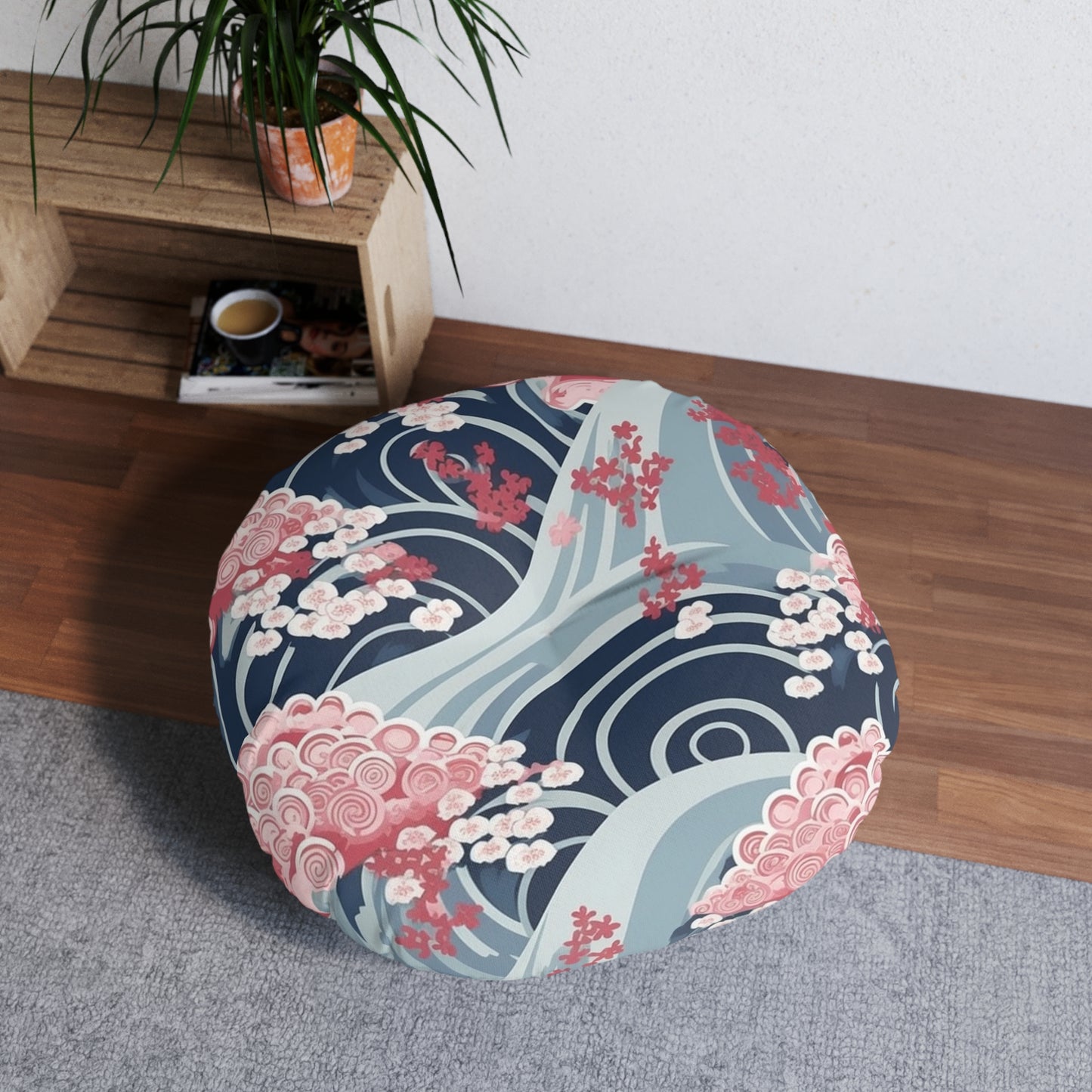 Japanese Minimalist Waves & Cherry Blossoms Pattern Tufted Floor Pillow, Round