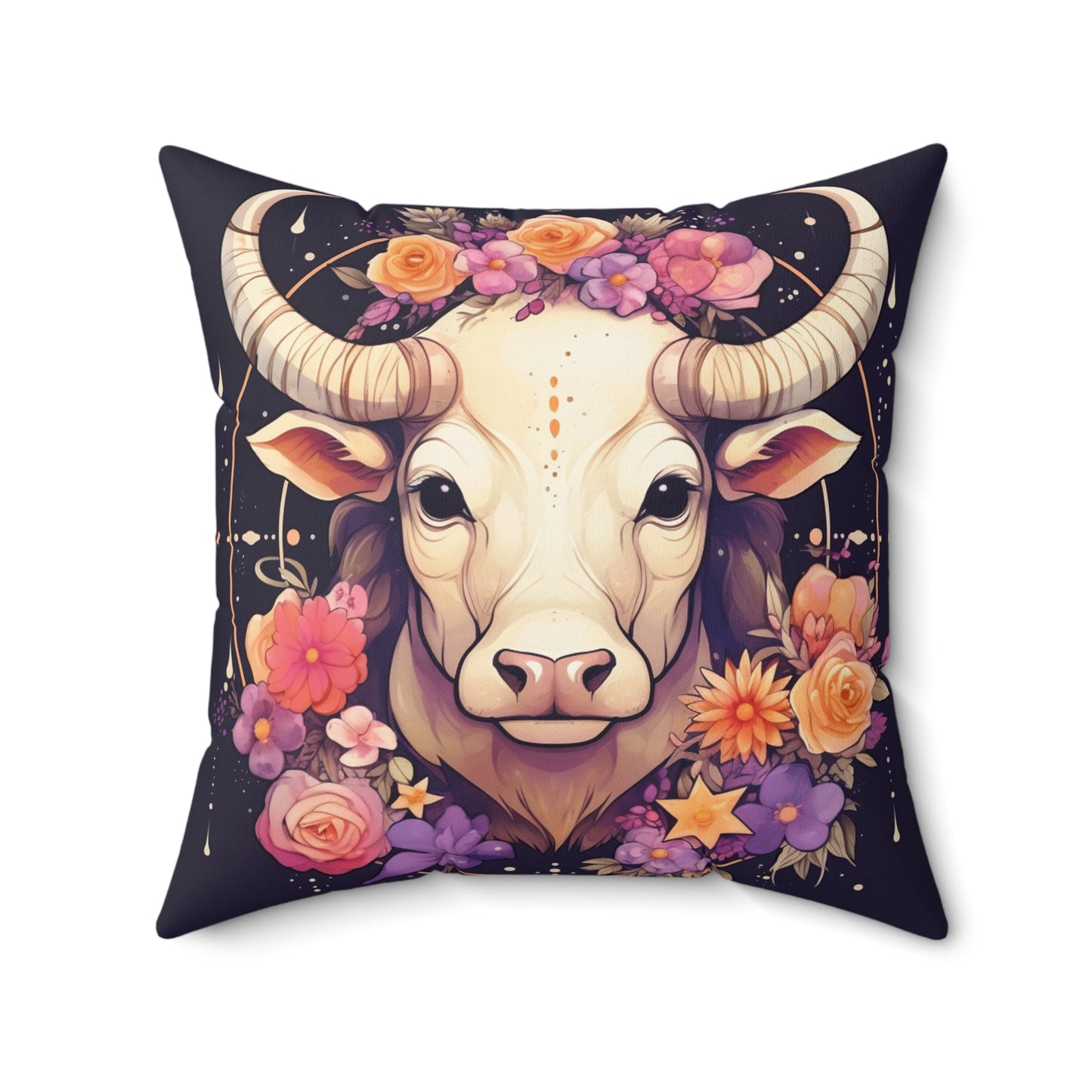 Taurus Zodiac Bull Flower Accents - Astrology Sign - Spun Polyester Square Pillow