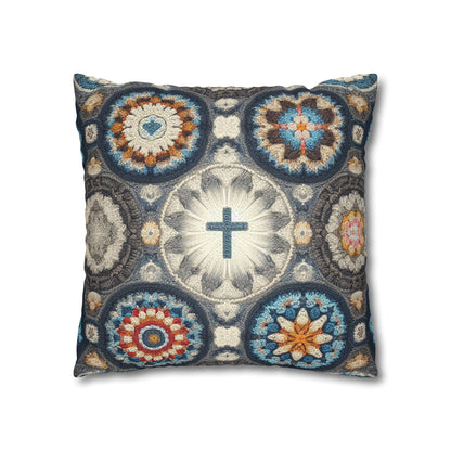 Bohemian Crochet Mandala with Centered Christian Cross - Earthy Tones Mosaic - Spun Polyester Square Pillow Case