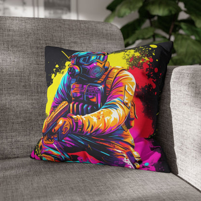 Paintball Action Sport: Player in Battle, Paint Splatter - Spun Polyester Square Pillow Case