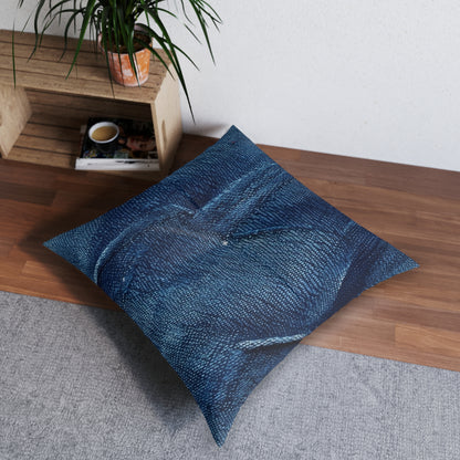 Dark Blue: Distressed Denim-Inspired Fabric Design - Tufted Floor Pillow, Square