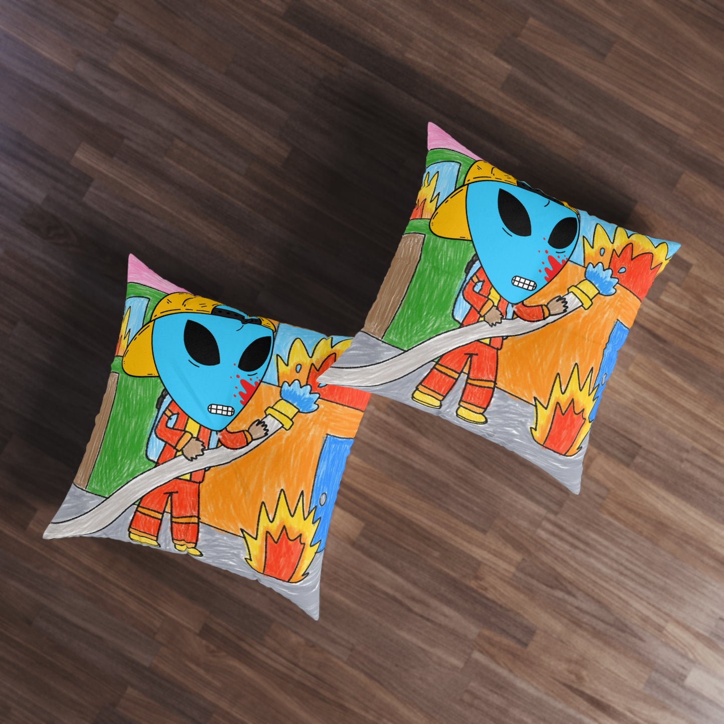 Fireman Fire Fighter Alien Blue Blood Visitor Hero Tufted Floor Pillow, Square