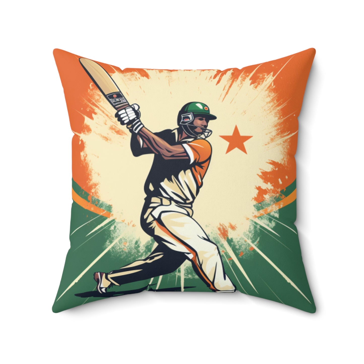 India Cricket Star: Batsman With Willow Bat, National Flag Style - Sport Game - Spun Polyester Square Pillow