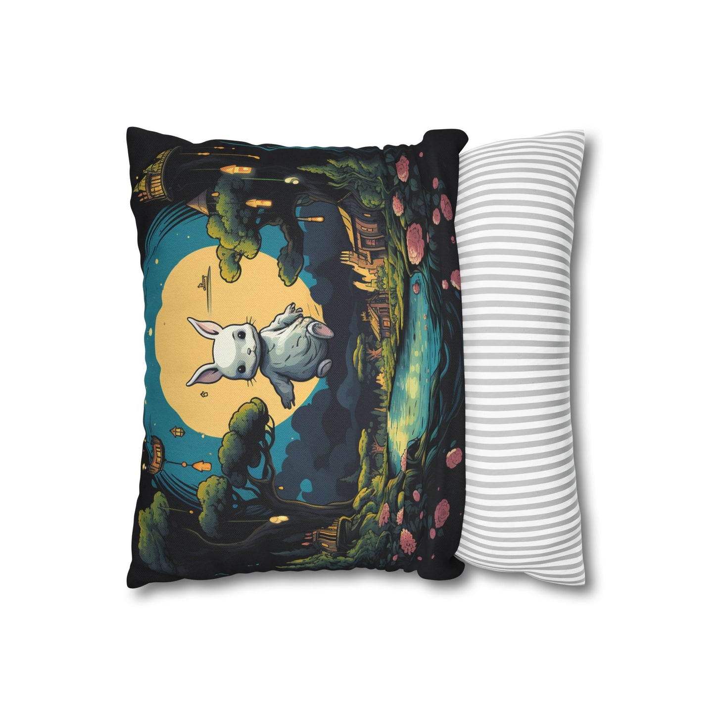 White Rabbit Mystery Psychedelic Fantasy Anime Cartoon Bunny - Spun Polyester Square Pillow Case