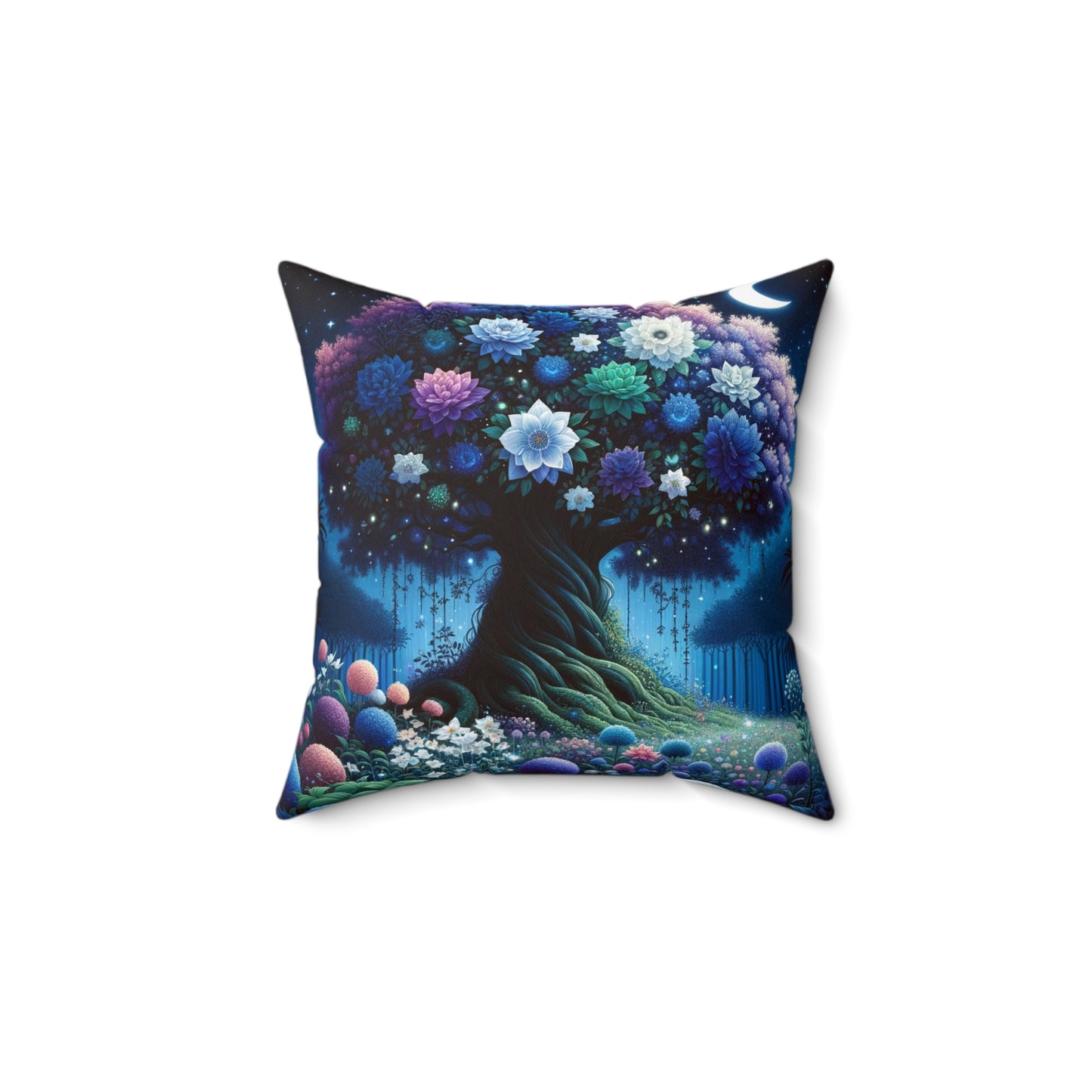 Starry Night Bloom: Magical Garden and Celestial Tree Art - Spun Polyester Square Pillow