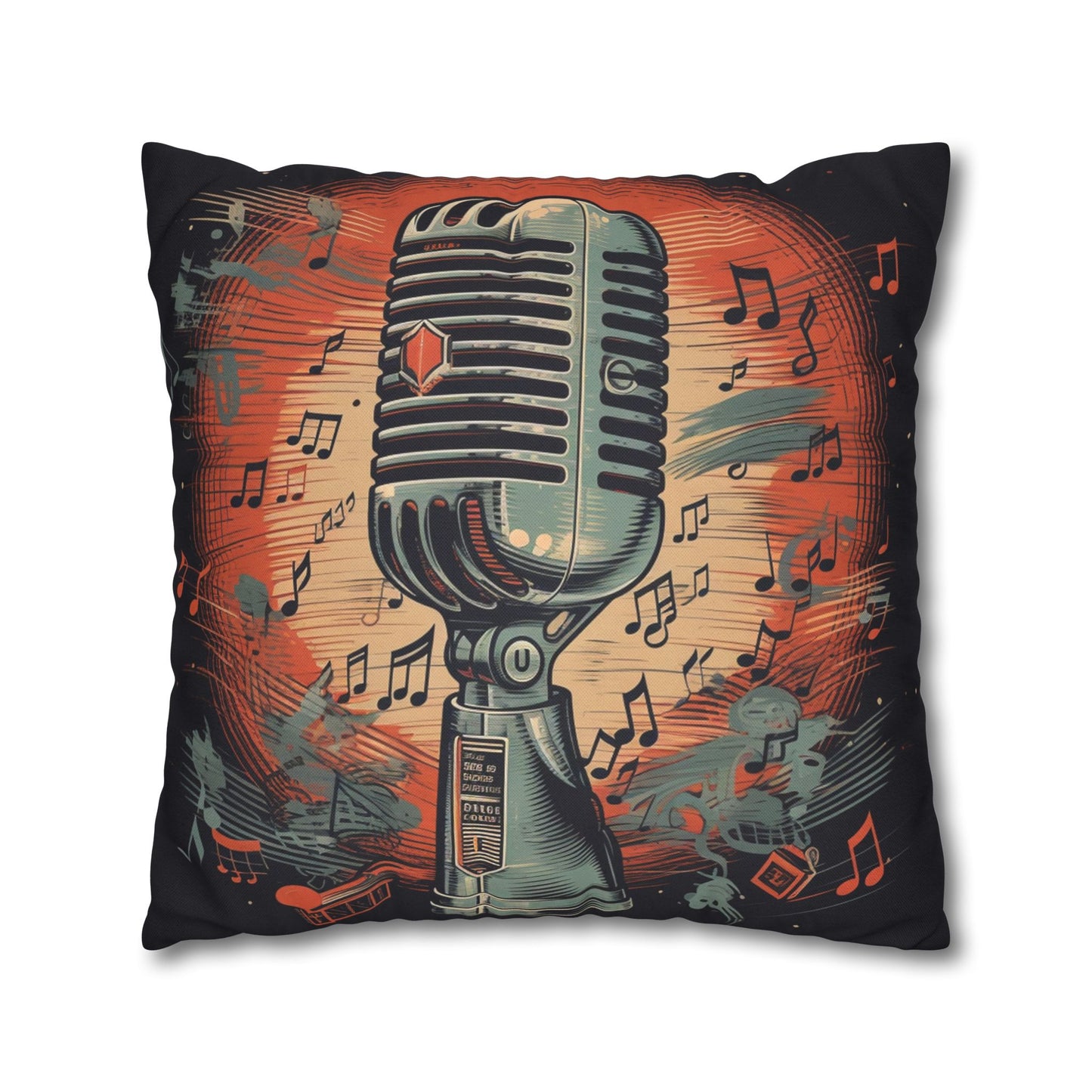 Retro Microphone & Music Notes - Vintage Style Design Spun Polyester Square Pillow Case