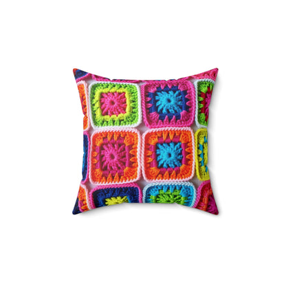 Crochet Granny Square, Summer Cotton, Patchwork, Retro Floral Design, Crochet Cotton - Spun Polyester Square Pillow