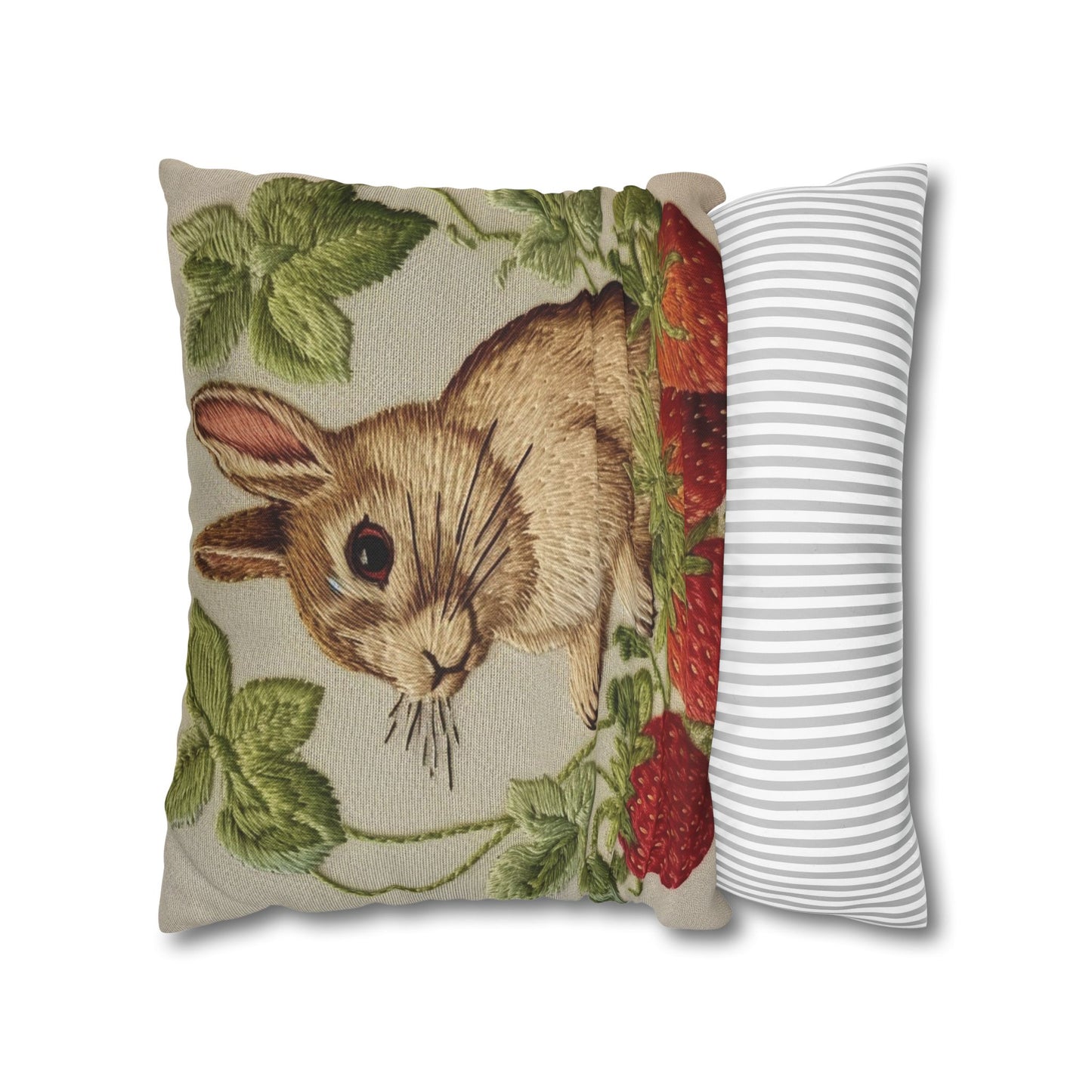 Strawberry Bunny Rabit - Embroidery Style - Strawberries Fruit Munchies - Easter Gift - Spun Polyester Square Pillow Case