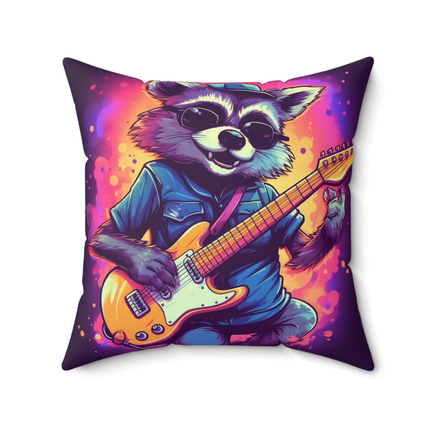 Furry Raccoon Guitarist - Rock Star Animal Music Decor Spun Polyester Square Pillow