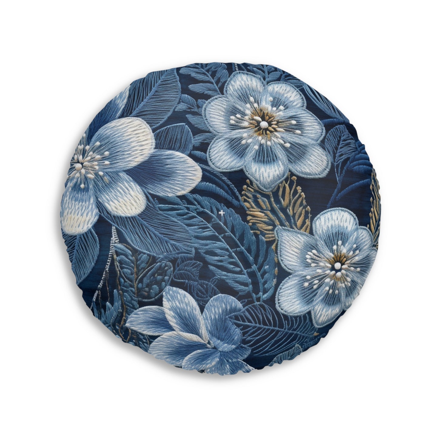 Flower Blossom Embroidery Floral on Denim Style - Tufted Floor Pillow, Round