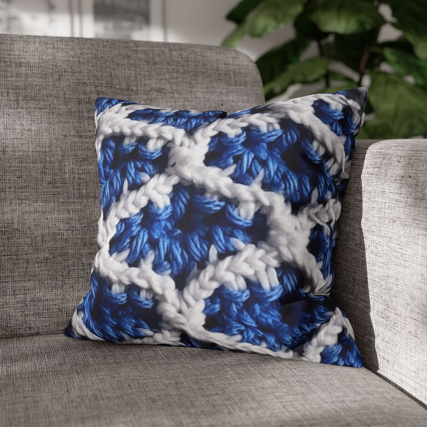 Blueberry Blue Crochet, White Accents, Classic Textured Pattern - Spun Polyester Square Pillow Case